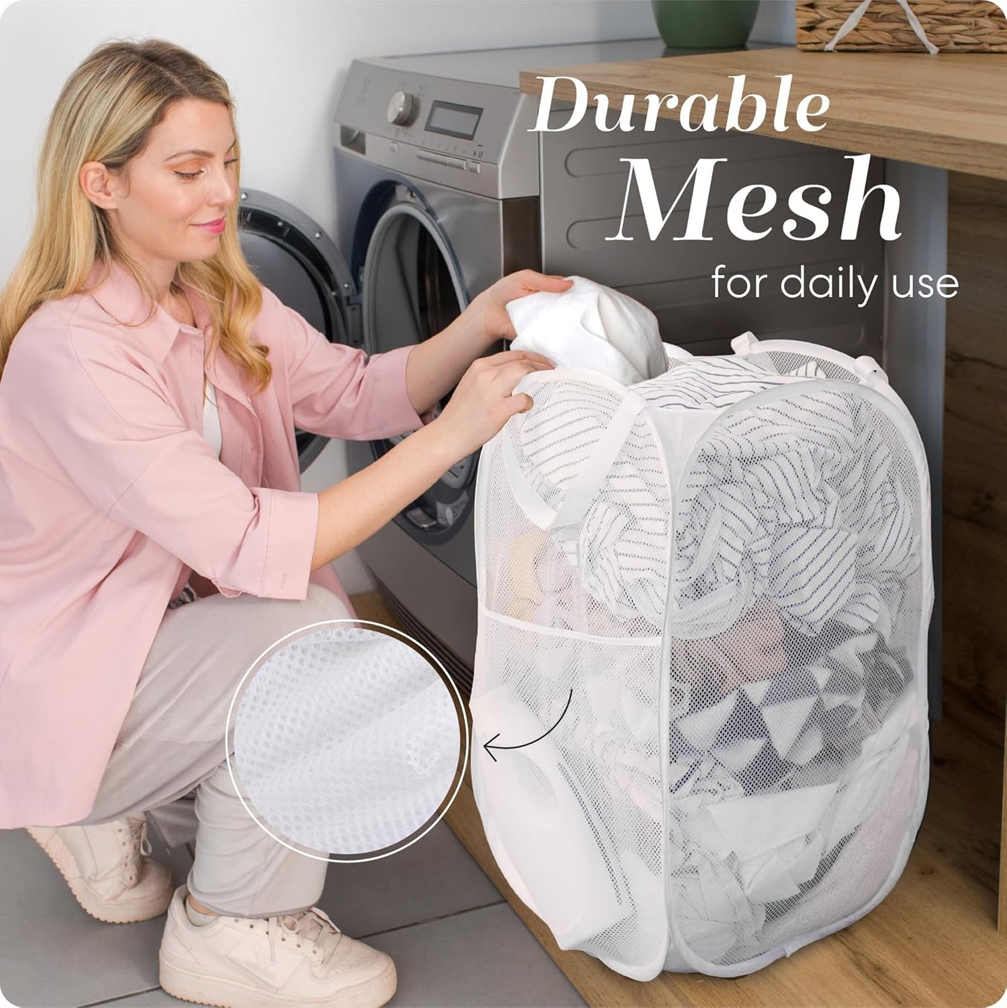 Collapsible Mesh Pop-Up Laundry Hamper with Side Pocket