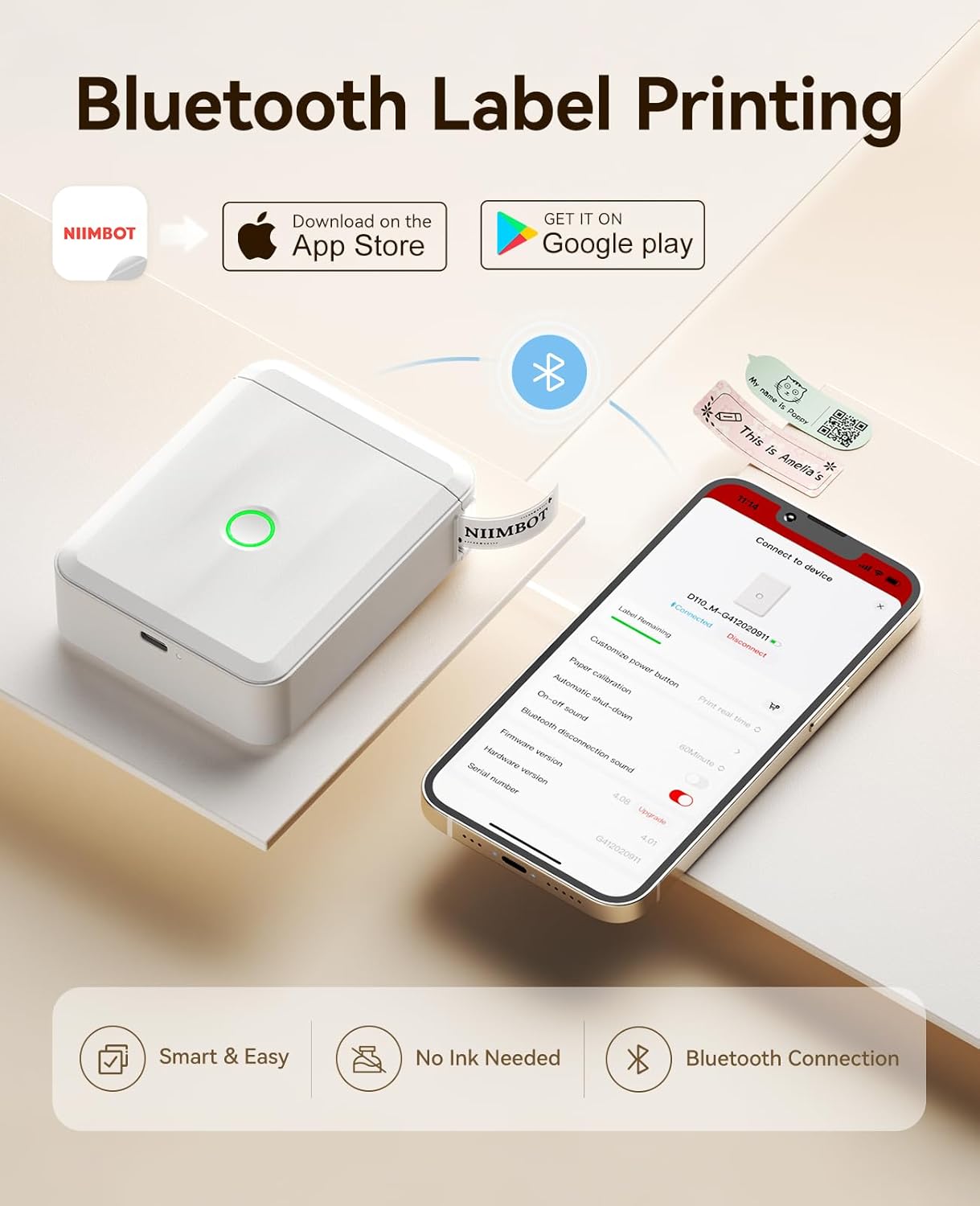 White Mini Wireless Label Printer with Bluetooth